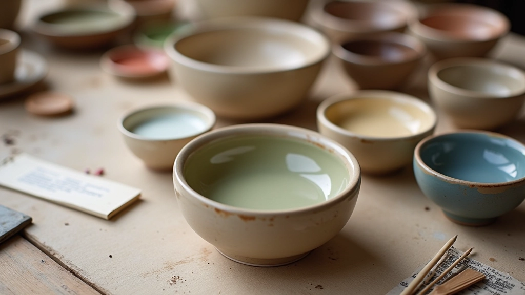 Array of ceramic glaze samples in bowls showing different colors and finishes with testing notes