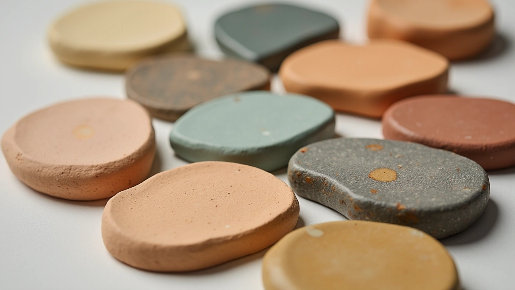 Multiple ceramic test tiles showing different glaze colors and surface finishes fired at various temperatures