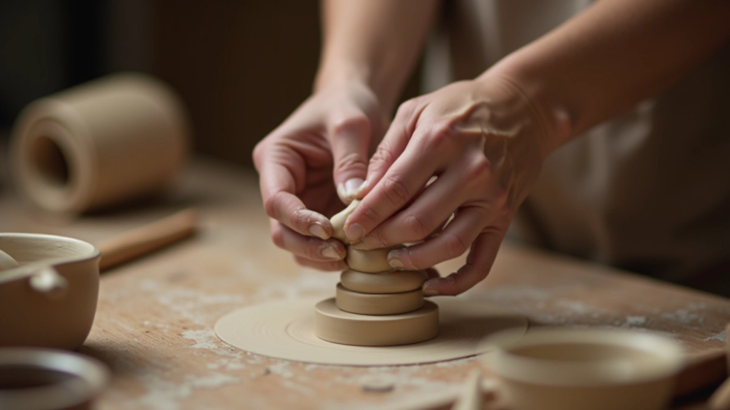 Hands working with clay coils in hand-building demonstration