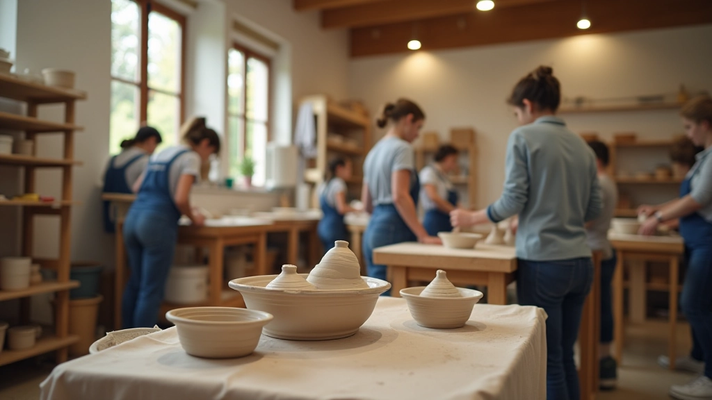 Pottery classroom with multiple students working at wheels and tables